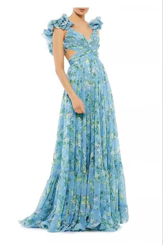 Women's Cut-out Ruffled Sleeveless Waist-controlled Hem Dress