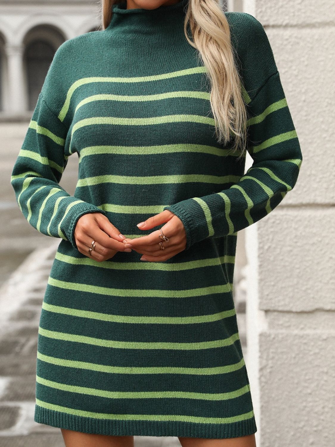 Striped Mock Neck Long Sleeve Mini Dress - Taboochic