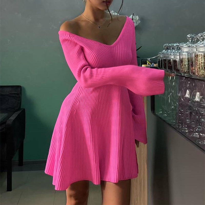 Sexy Slim V-Neck Long Sleeve Knitted Mini Dress