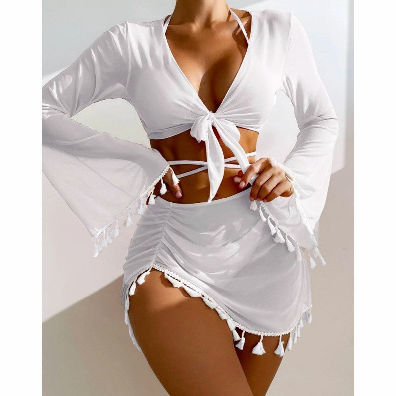 4pcs Solid Color Bikini With Long Sleeve Cover-up Top