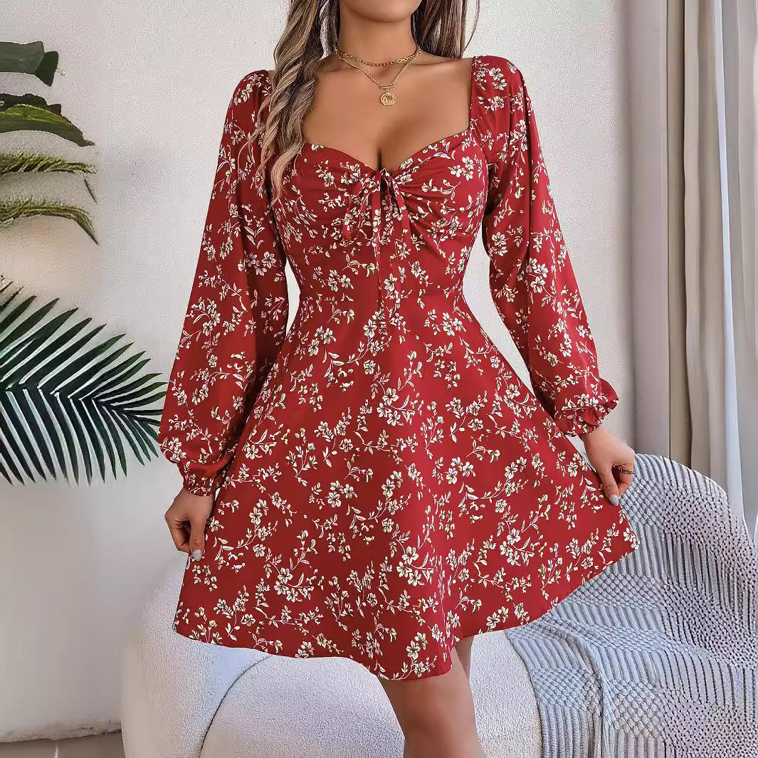 Fashion Floral Print Lantern Square Neck Long Sleeve A-Line Dress