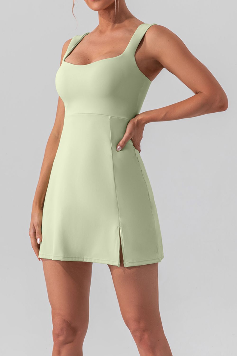 Square Neck Sleeveless Slit Mini Active Dress - Taboochic