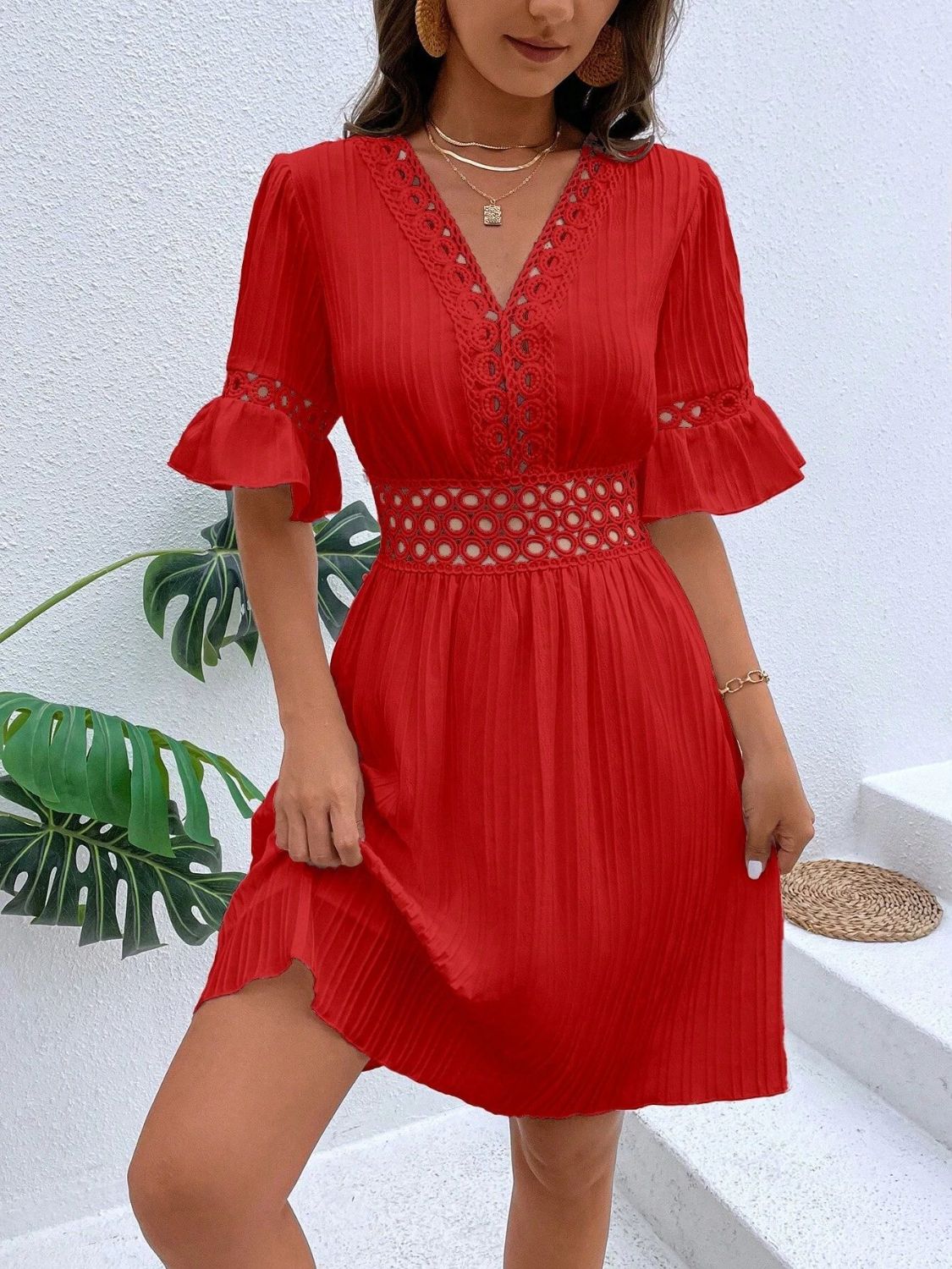 Cutout V-Neck Flounce Sleeve Mini Dress - Taboochic