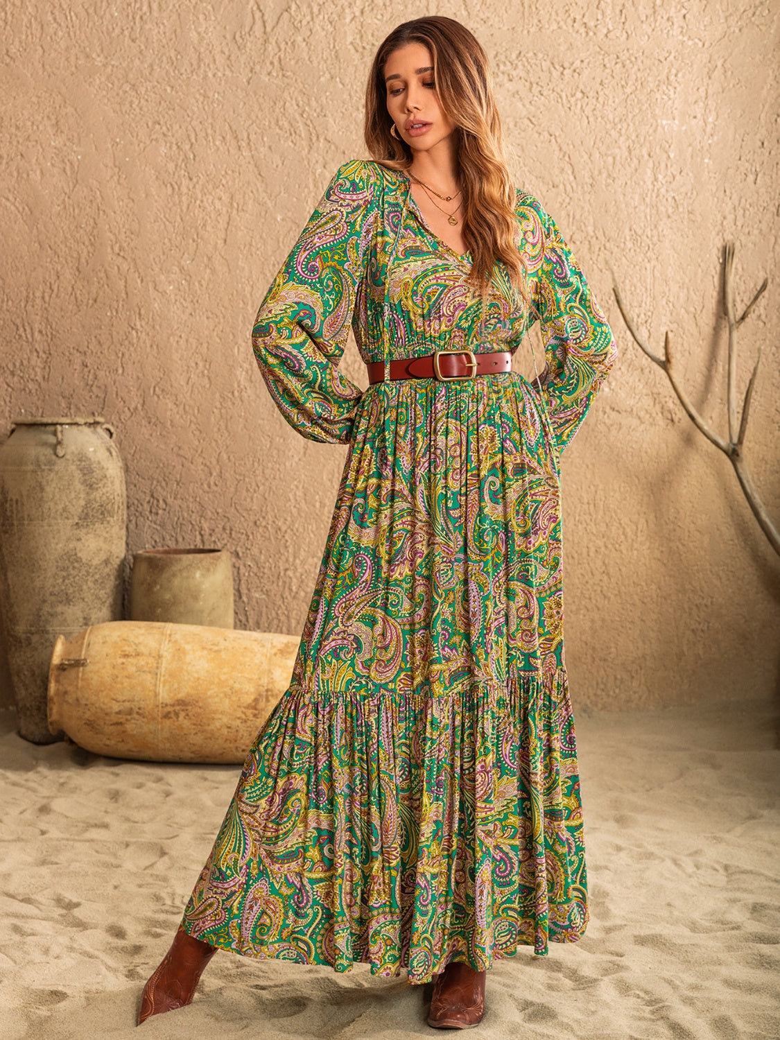 Printed Tie Neck Long Sleeve Dress - Taboochic