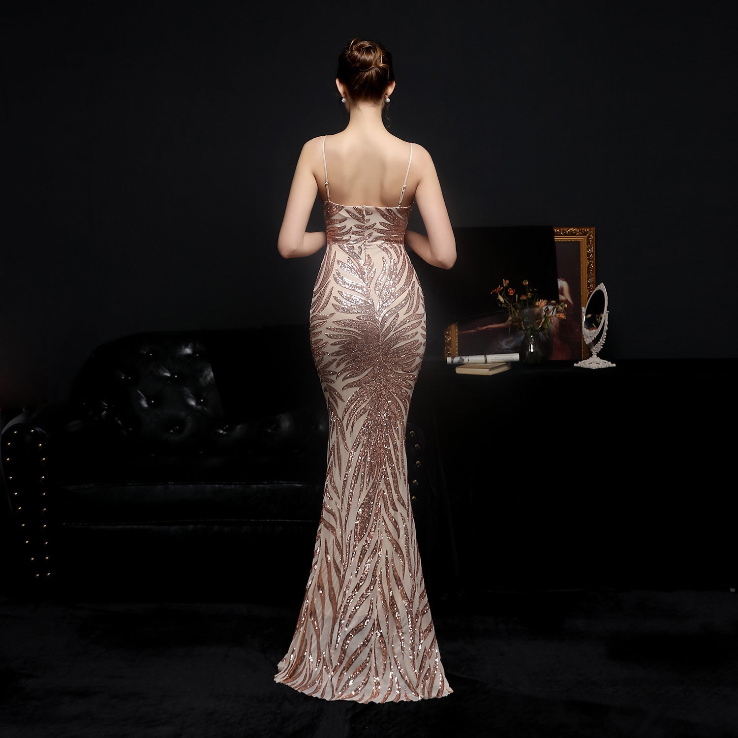 New Sequined Mermaid Evening Backless Formal Dress