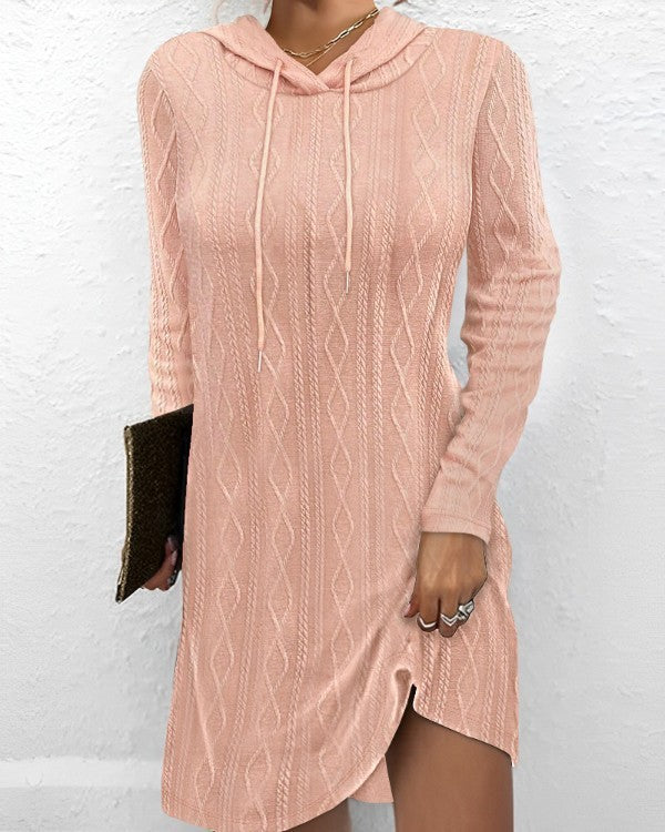Long Sleeve Hooded Pullover Knitted Mini Dress For Women