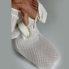 Solid Color Knitted Hollow-out Blouse Sun-proof Long Sleeve Dress