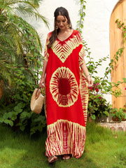 Rayon Printed V-neck Long Skirt Holiday Dress