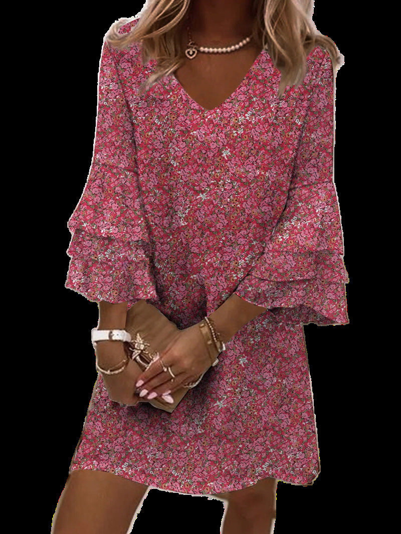 Five-quarter Short Sleeve Ruffled V-neck Color Mini Dress