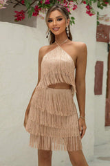 Halter Neck Fringe Top and Skirt Set - Taboochic