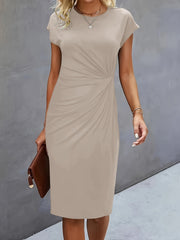 Women's Casual Tight Front Knot Round Neck Midi  Dress