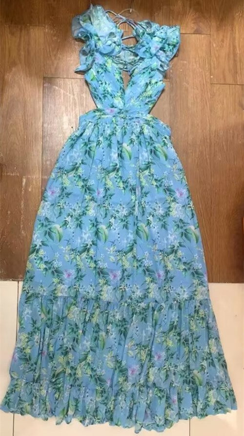 Women's Cut-out Ruffled Sleeveless Waist-controlled Hem Dress