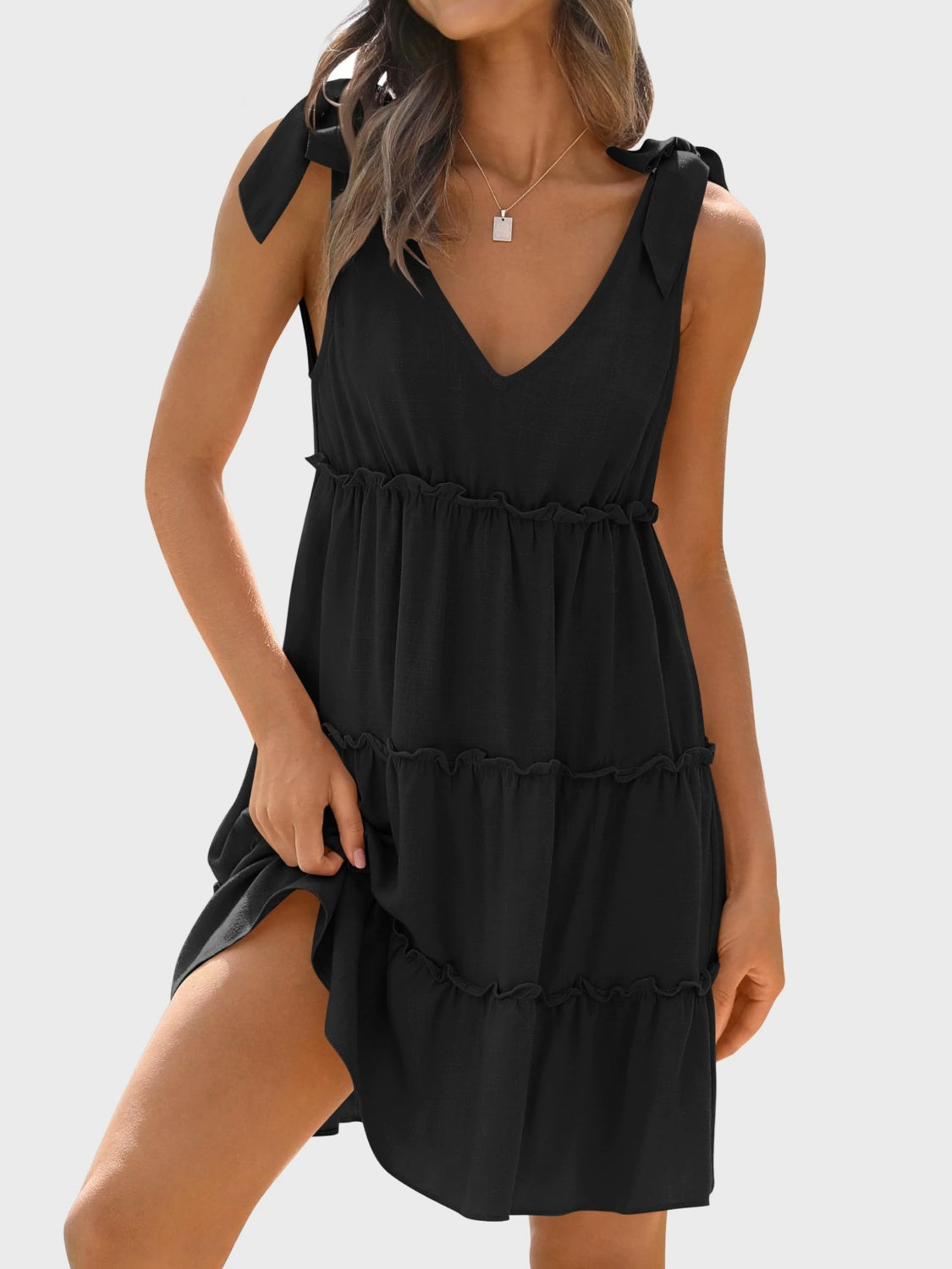 Frill V-Neck Tie Shoulder Mini Dress - Taboochic