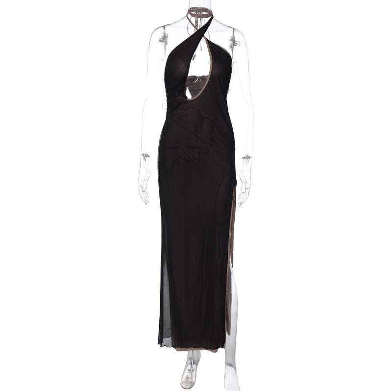 Sexy Hollow Mesh Lace-up Slim Slit Sleeveless Dress