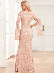 Women's Fashionable Casual V-Neck Slit Long Sleeve Evening Formal Party Dress