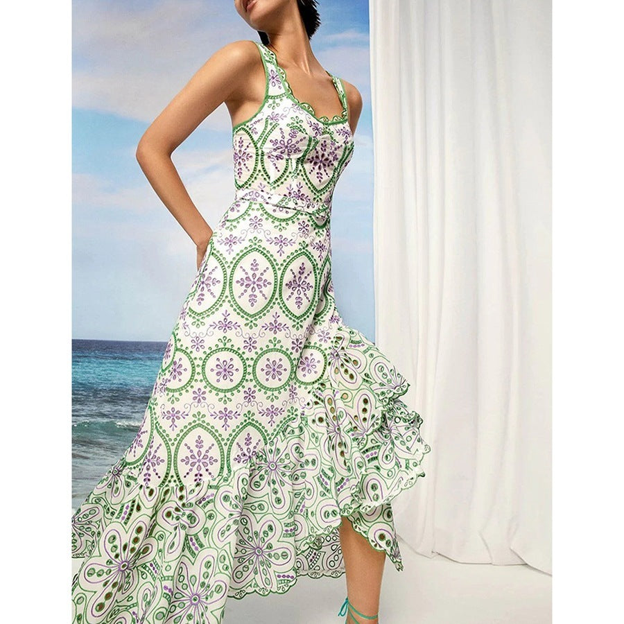 Seaside Vacation Style Irregular Embroidered Strap Maxi Dress