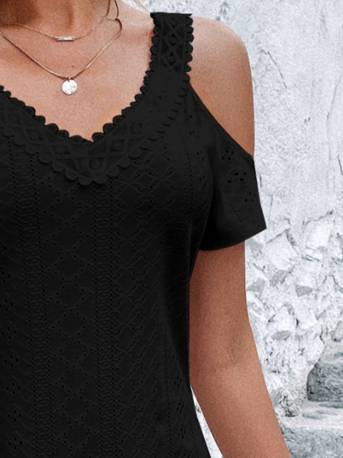 Eyelet V-Neck Cold Shoulder Mini Dress - Taboochic