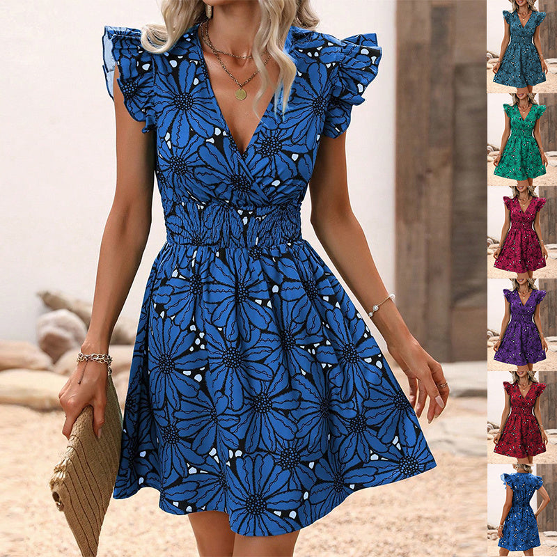 New Flowers Print Ruffled Sleeveless Mini Dress