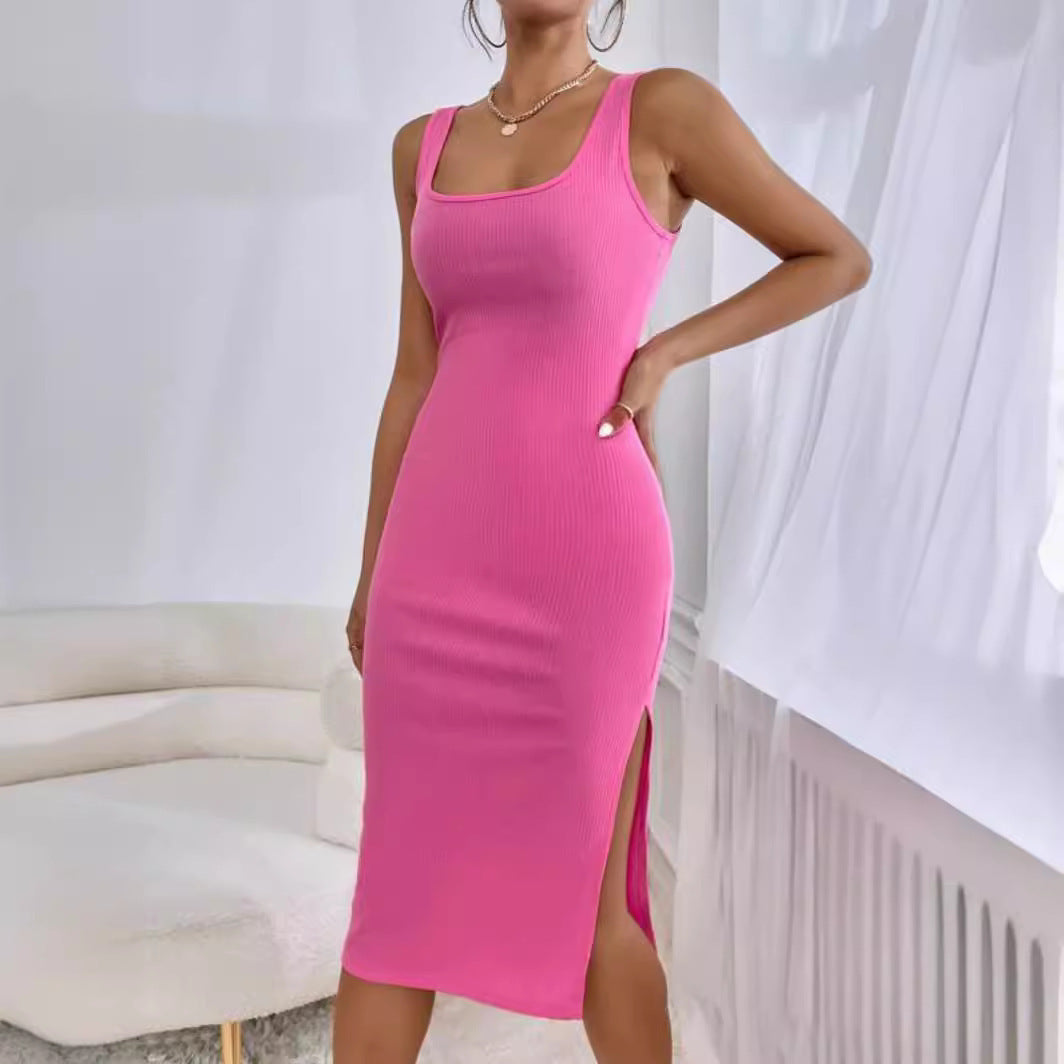 Elegant Rib Sunken Stripe Sleeveless Square Collar Slimming Split Dress