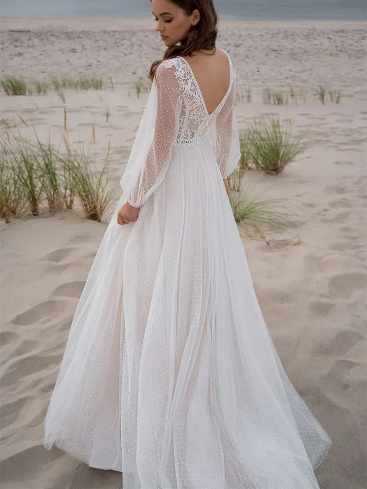 Beach Boho V-Neck Tulle Wedding Long Dress