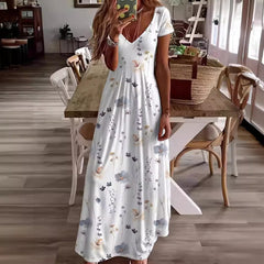 Casual Loose V-neck Printed Short Sleeve Dress