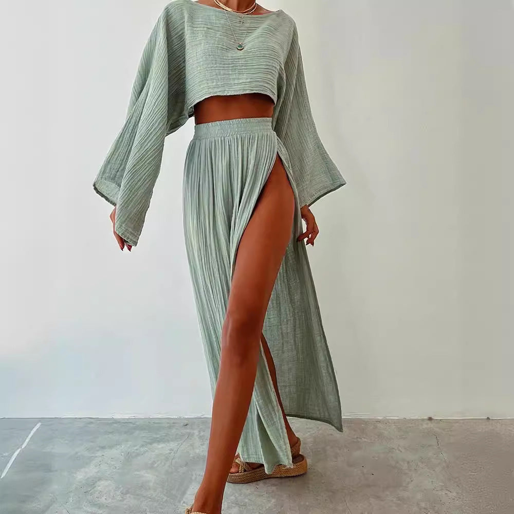 Leisure Vacation Linen Blended Short Cotton And Linen Casual Long Sleeve Two-piece Suit