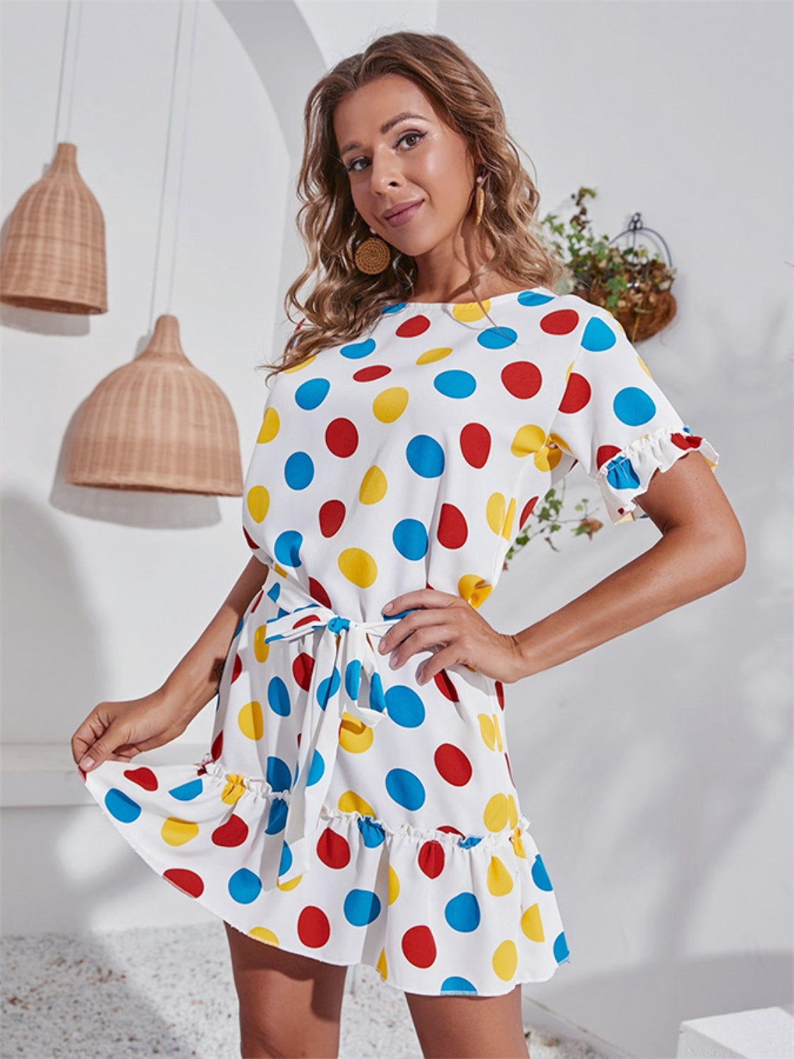 Tied Frill Short Sleeve Mini Dress - Taboochic