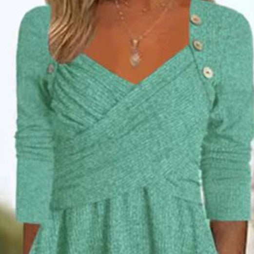 Women's Casual Loose Cross Button Solid Color Long Sleeve Dress