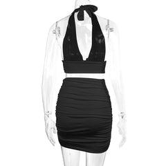 Women Halter Lace-up Hip 2pcs Dress