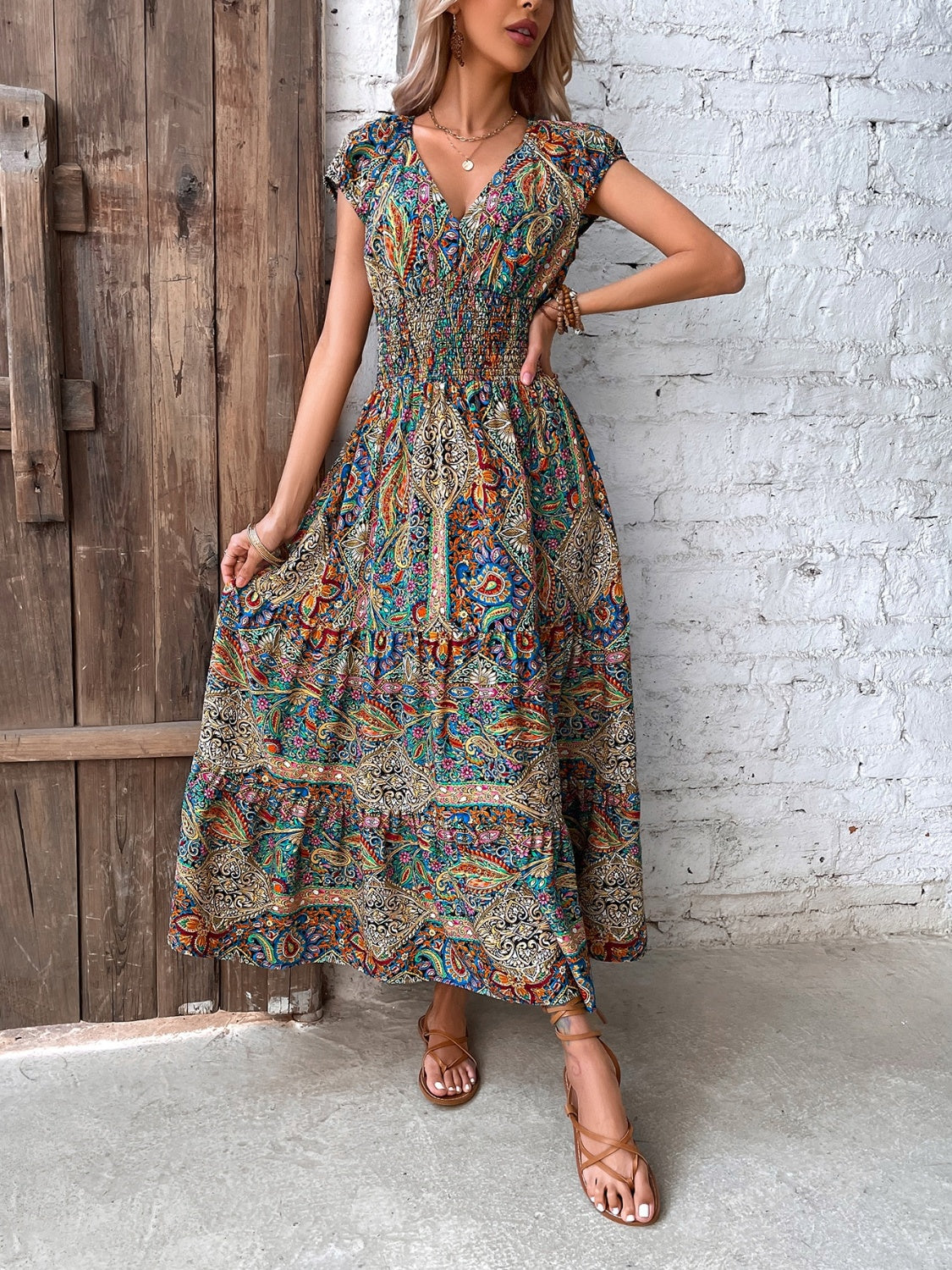 Smocked Printed Cap Sleeve Midi Dress - Taboochic