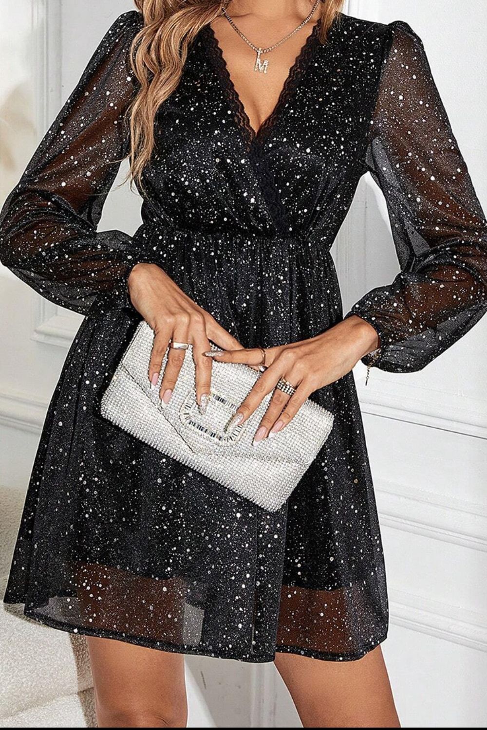 Glitter Surplice Long Sleeve Mini Dress - Taboochic