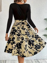 Floral Print Long Sleeve Dress Fashion Round Neck Tie Slim Dress