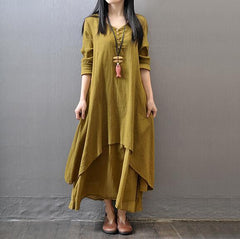 Two Fake Flax Long Sleeve Maxi Dress