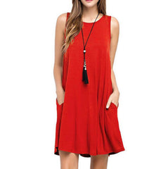 Summer Women Casual Pocket Sleeveless Midi Dress