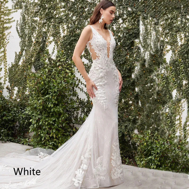 Women's V Neck Wedding Lace Dress
