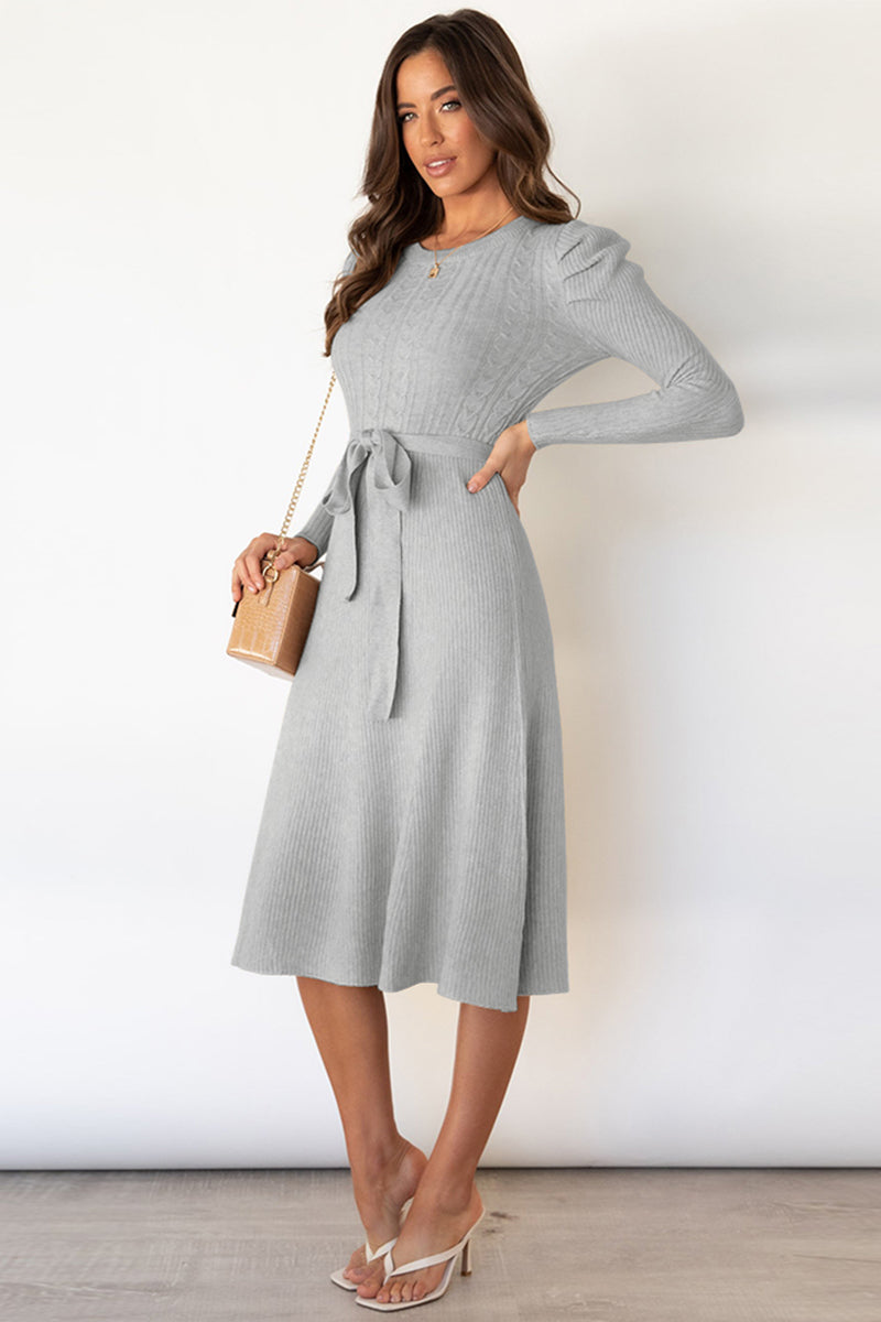 Round Neck Long Sleeve Tie Waist Sweater Dress - Taboochic