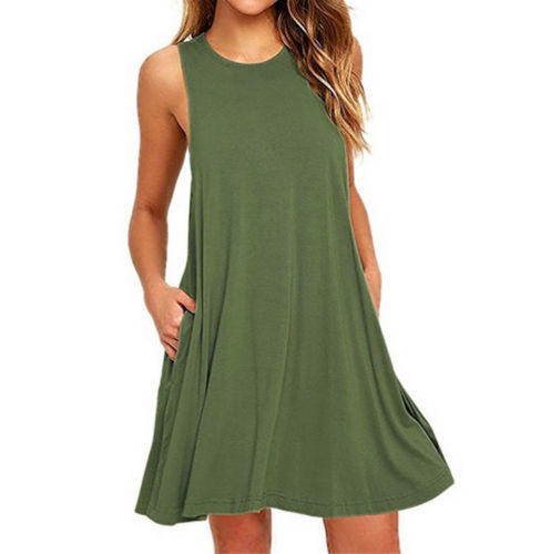 Summer Women Casual Pocket Sleeveless Midi Dress