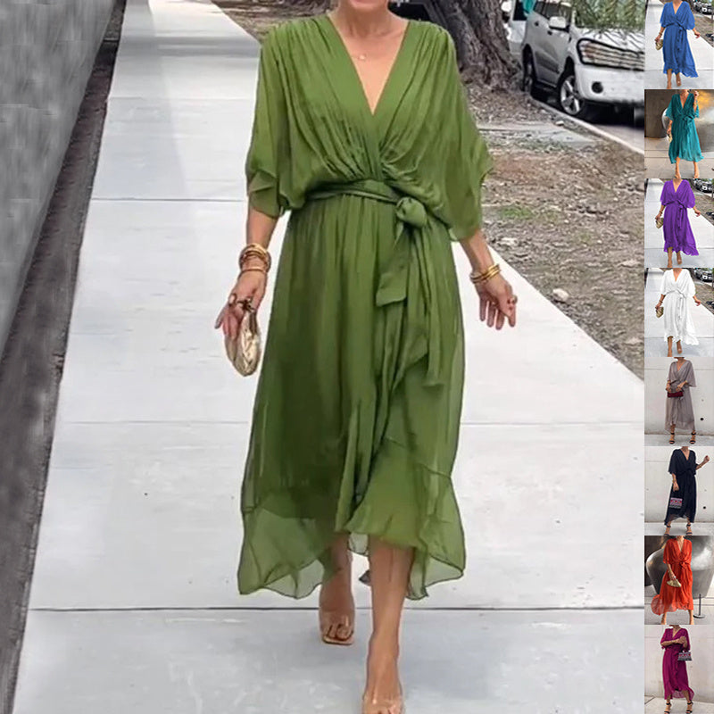 Batwing Sleeve V-neck half sleeve Midi Dress