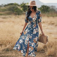 Floral V Neck Elastic Waist  Midi Dress