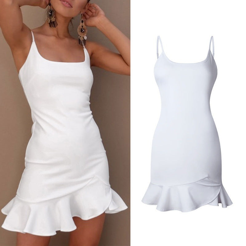 New Ruffles Trumpet Sleeveless Spaghetti Strap Slim Dress