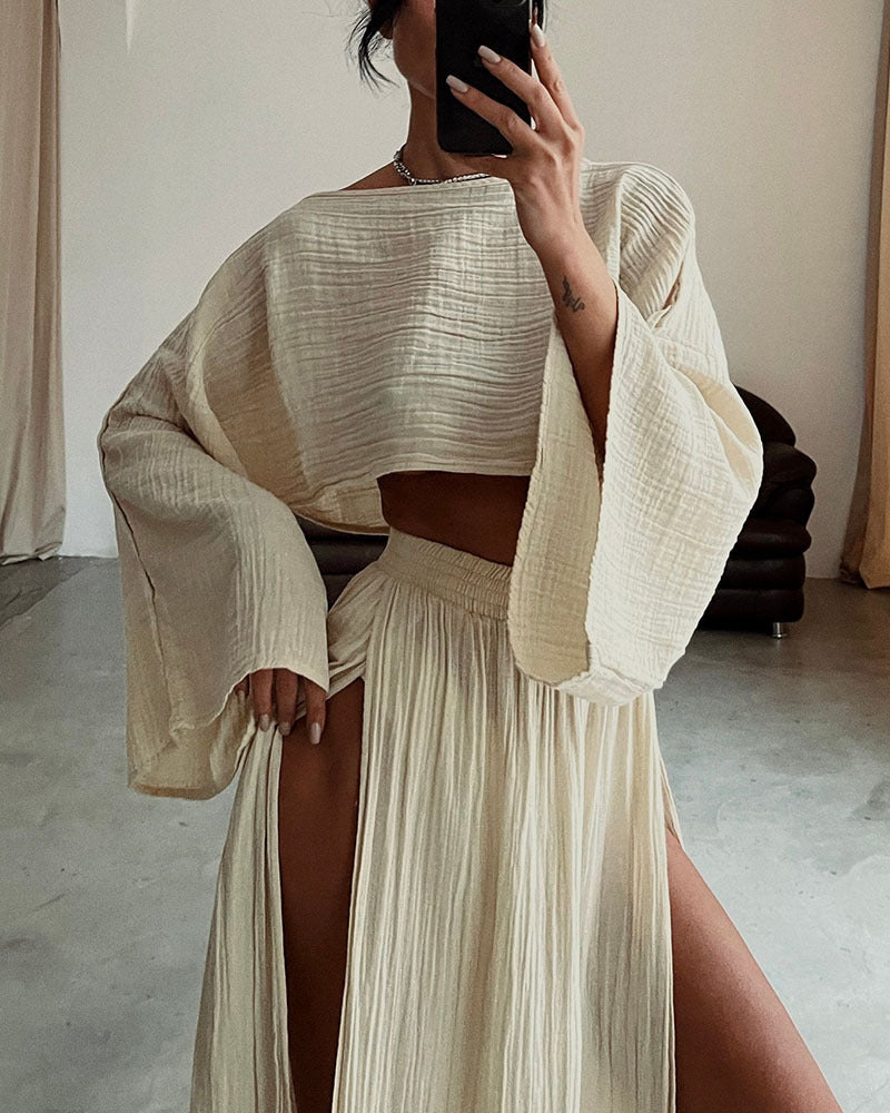 Leisure Vacation Linen Blended Short Cotton And Linen Casual Long Sleeve Two-piece Suit