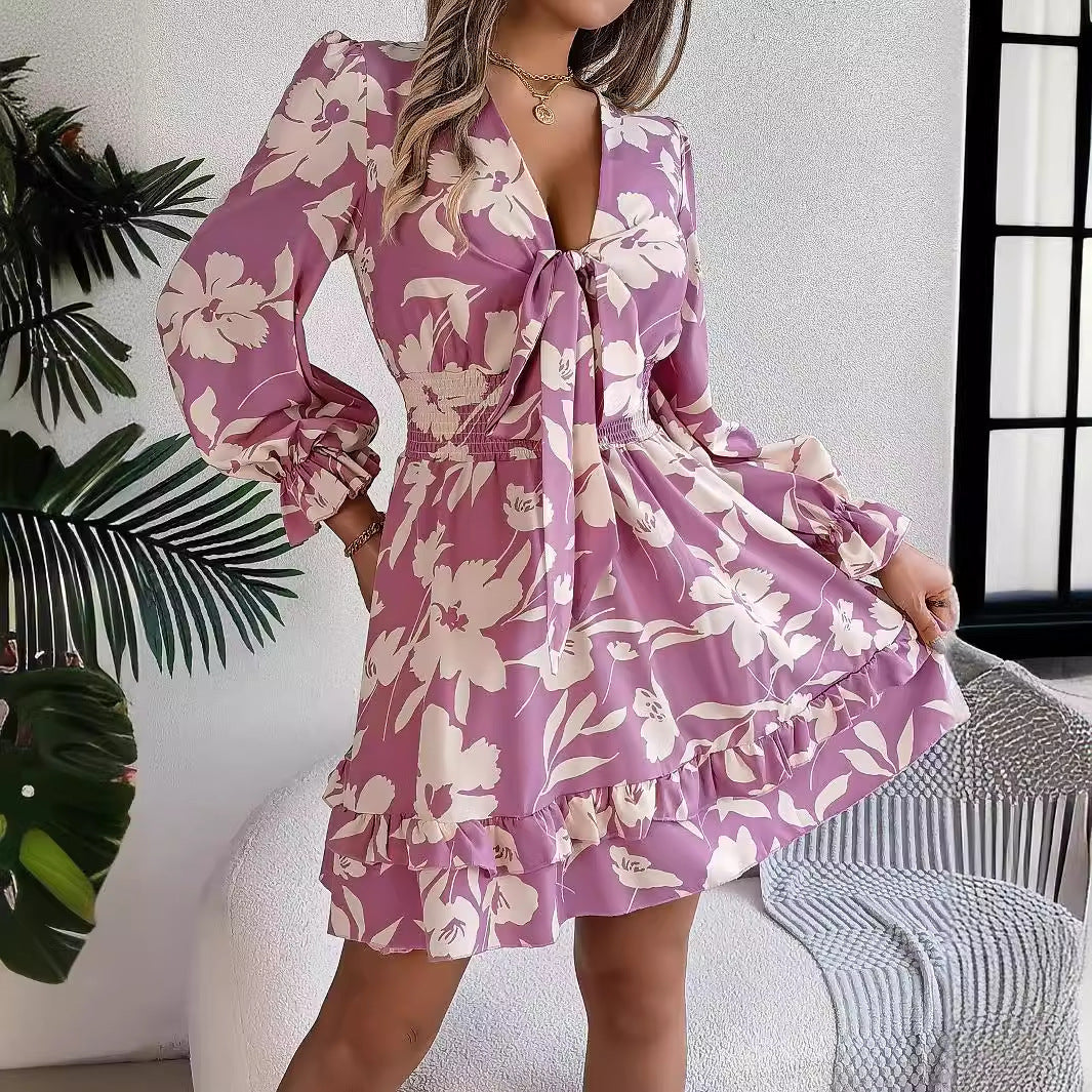 New Floral Printed V-Neck Long Sleeve Mini Dress