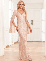 Women's Fashionable Casual V-Neck Slit Long Sleeve Evening Formal Party Dress