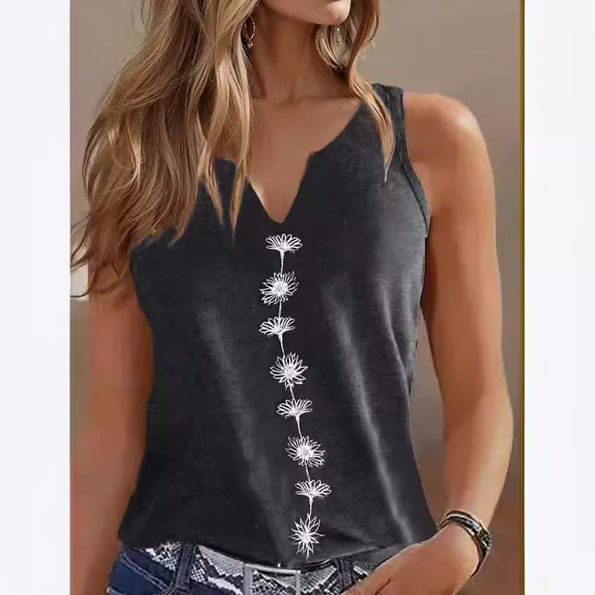 Casual Loose V-neck S Print Sleeveless T-shirt Top