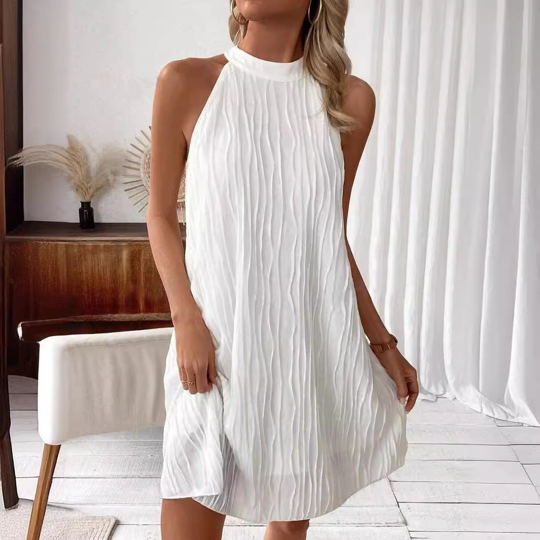 Fashion Women Pure Color Halter Backless Dress