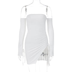 Women's Shoulder-baring Wrapped Chest Split Hip Mini Dress