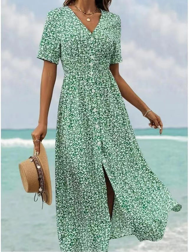 Summer New V-neck Printed Short Sleeve Split Dress