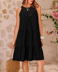 Summer Halterneck A-line With Flower Hollow Lace Design Sleeveless Dress