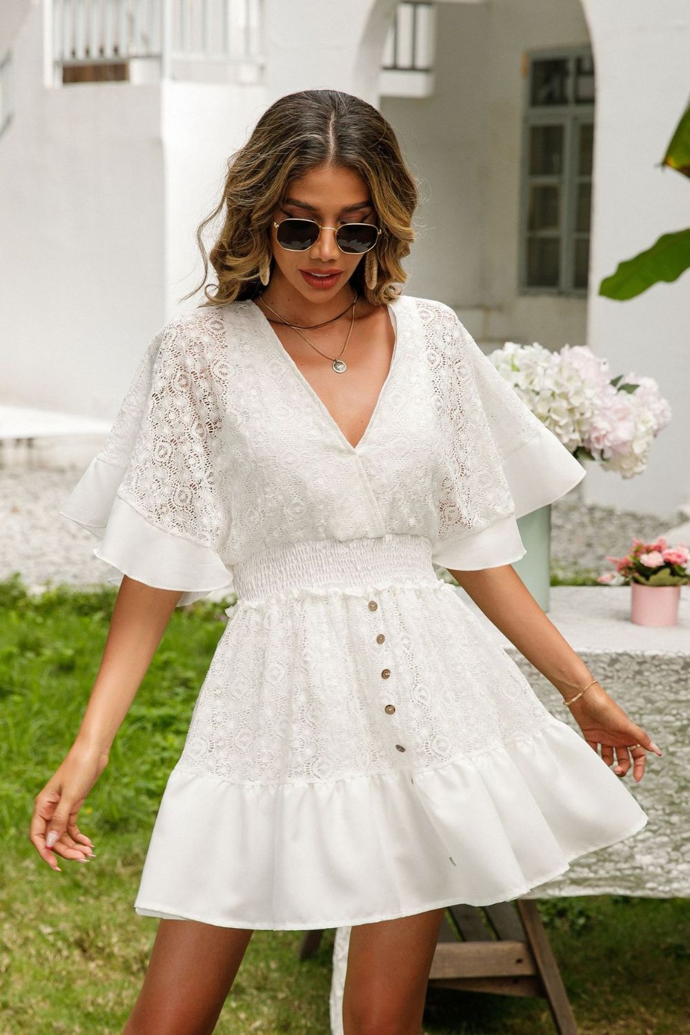 Lace Cutout Surplice Half Sleeve Dress - Taboochic