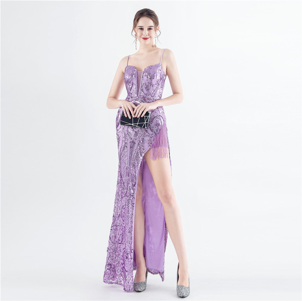 Handmade Beaded Flower Sequined Fishbone Evening Strap Party Dress